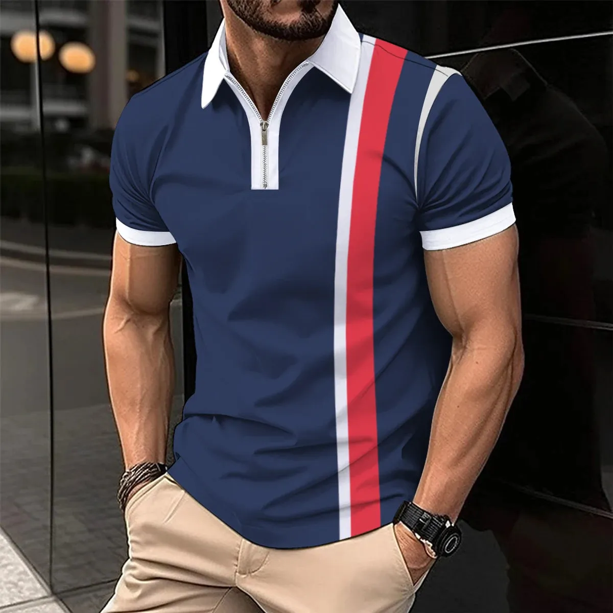 Men's Short Sleeve Polo Shirt with Splice Stripe Printing