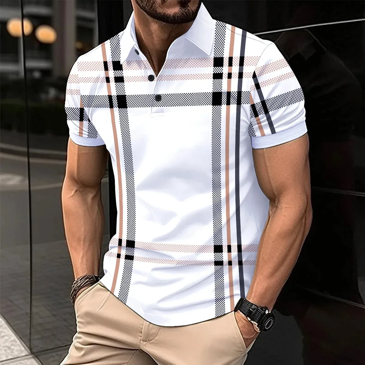 Men's Short Sleeve Polo Shirt with Splice Stripe Printing