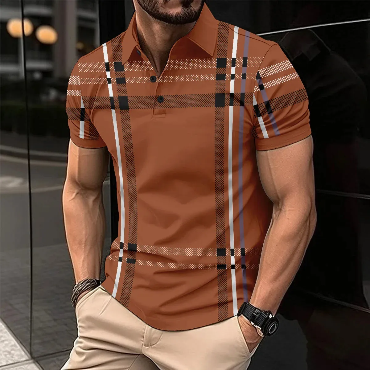 Men's Short Sleeve Polo Shirt with Splice Stripe Printing