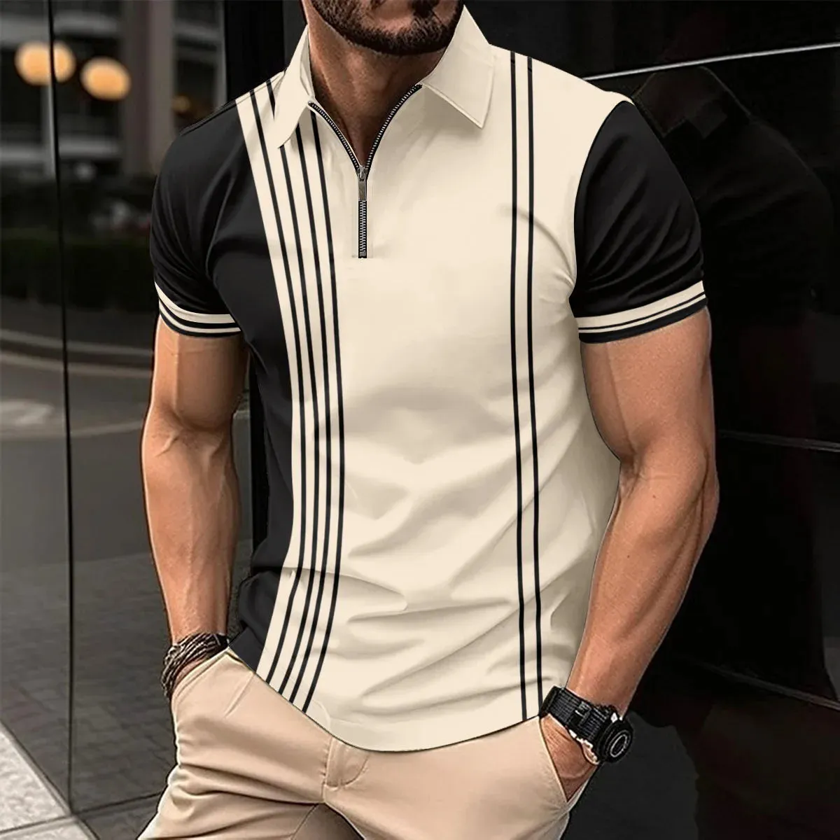 Men's Short Sleeve Polo Shirt with Splice Stripe Printing