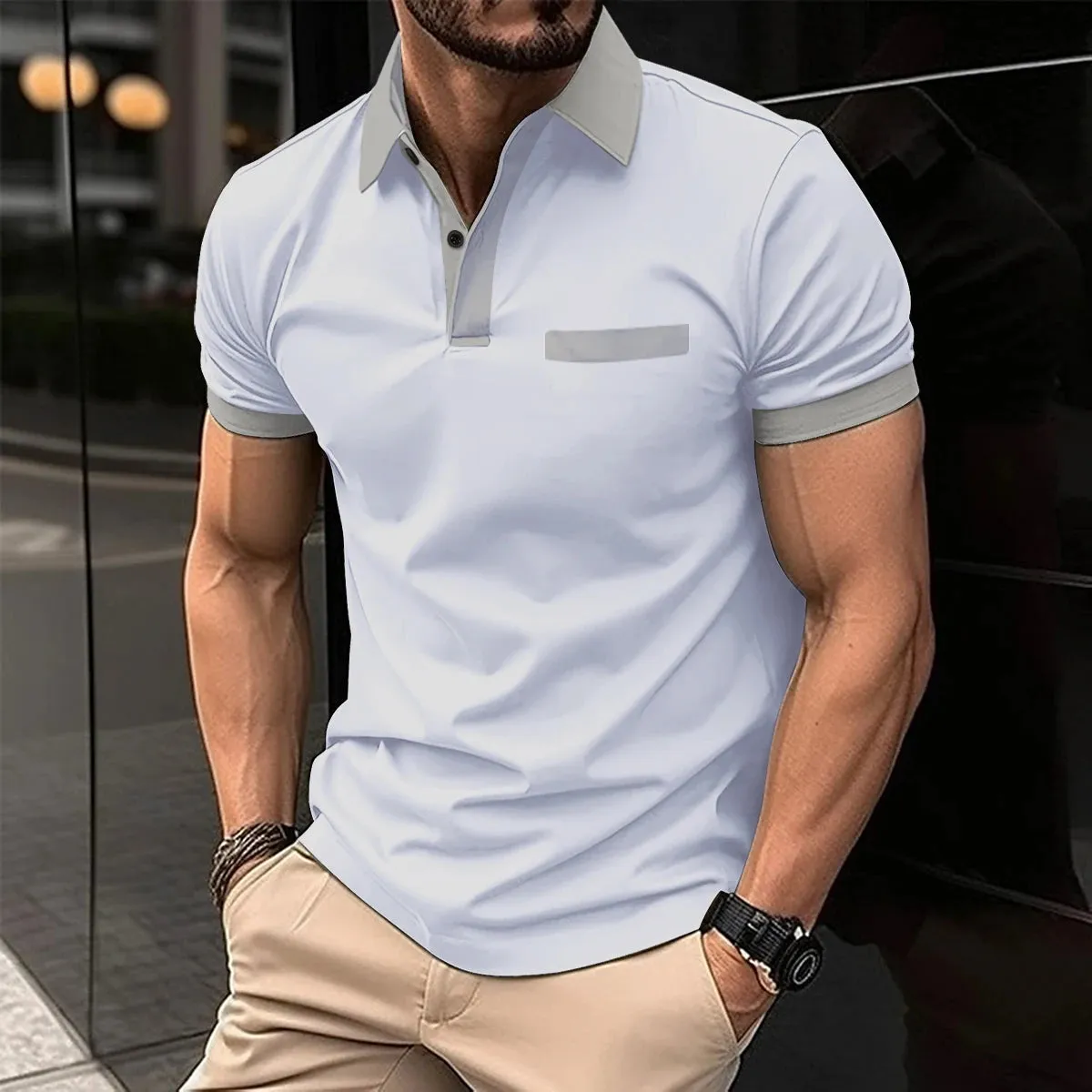 Men's Short Sleeve Polo Shirt with Splice Stripe Printing