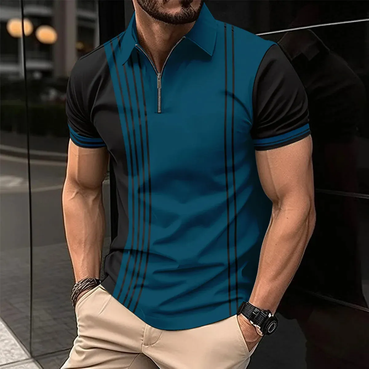 Men's Short Sleeve Polo Shirt with Splice Stripe Printing