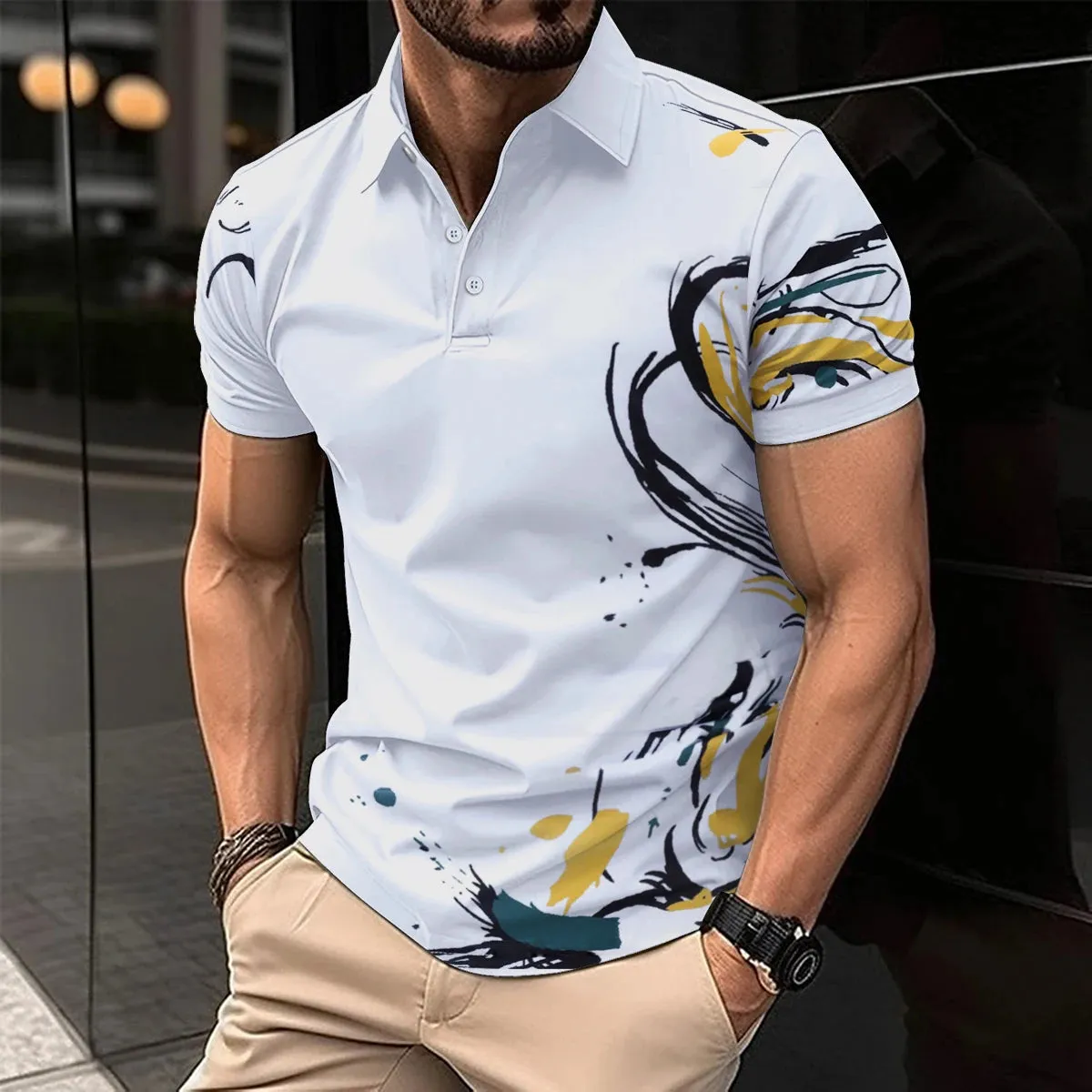 Men's Short Sleeve Polo Shirt with Splice Stripe Printing