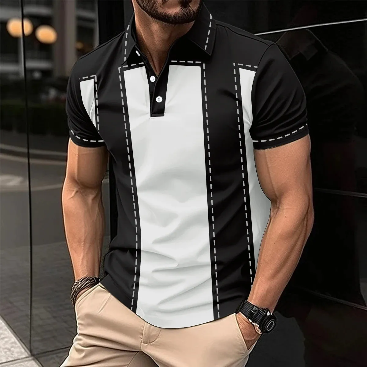 Men's Short Sleeve Polo Shirt with Splice Stripe Printing