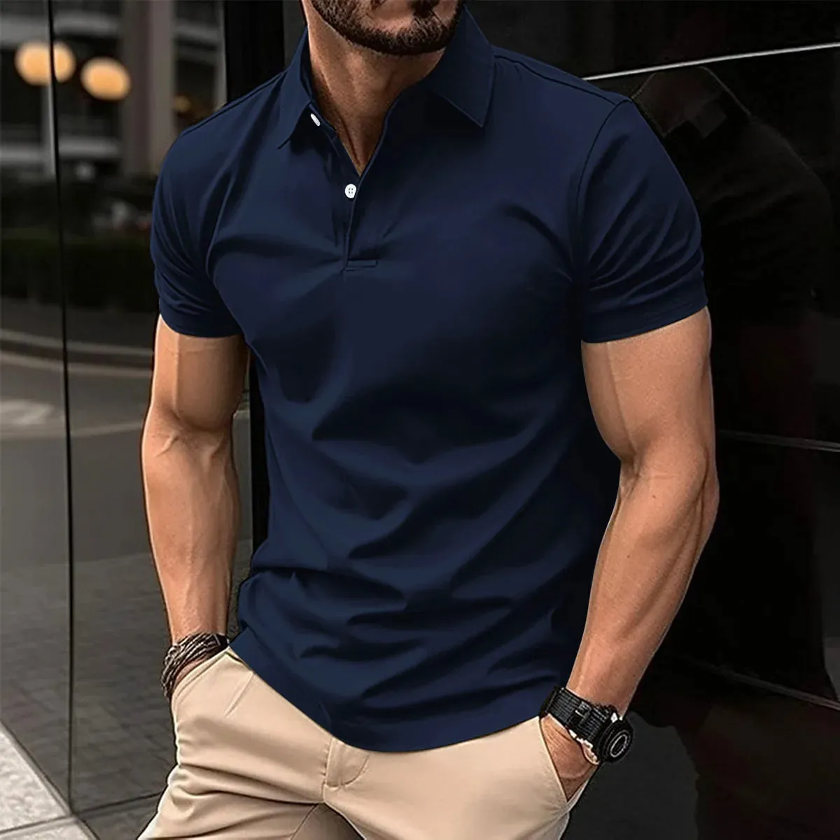Men's Short Sleeve Polo Shirt with Splice Stripe Printing