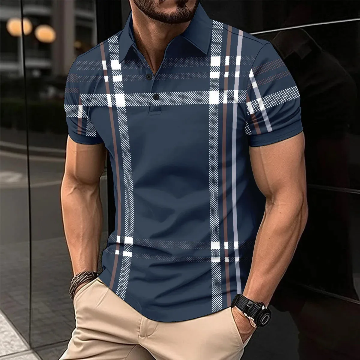 Men's Short Sleeve Polo Shirt with Splice Stripe Printing