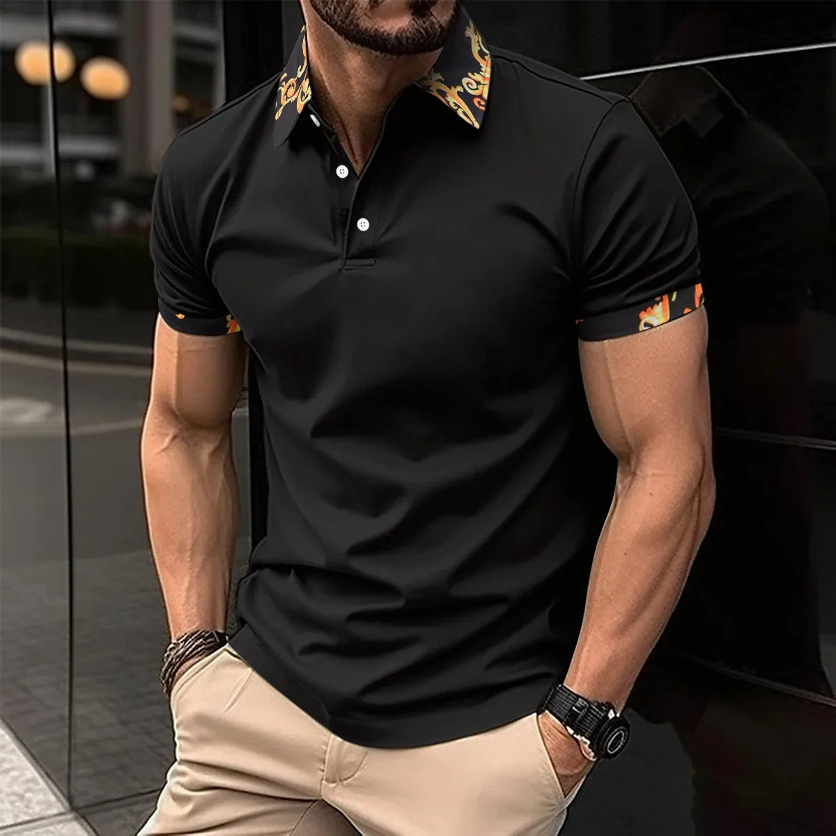 Men's Short Sleeve Polo Shirt with Splice Stripe Printing
