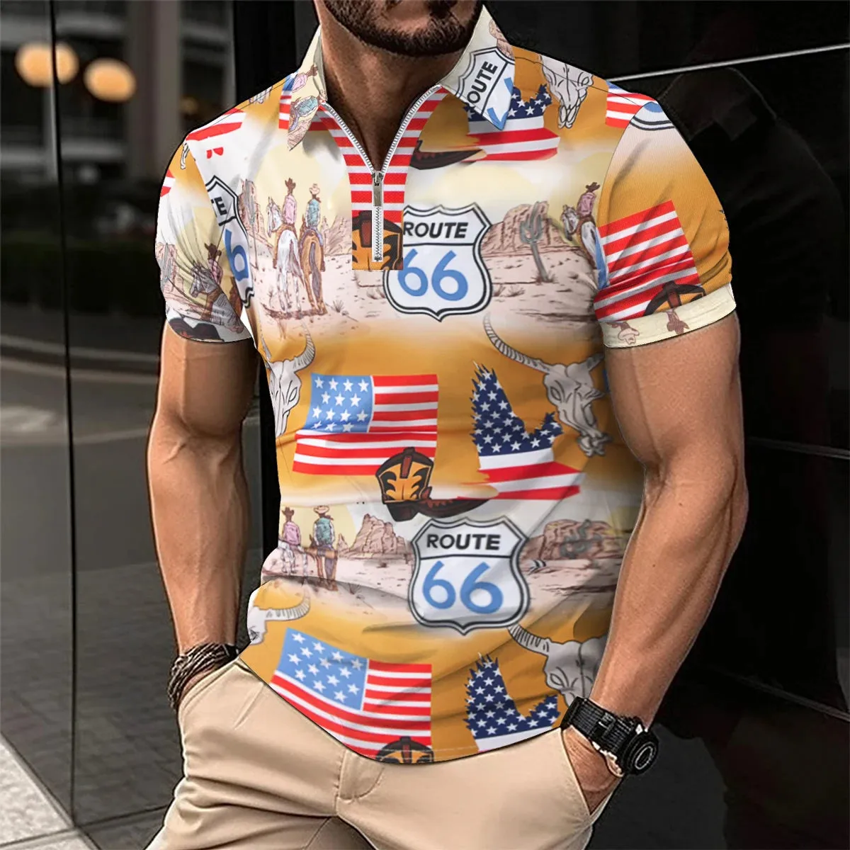 Men's Short Sleeve Polo Shirt with Splice Stripe Printing