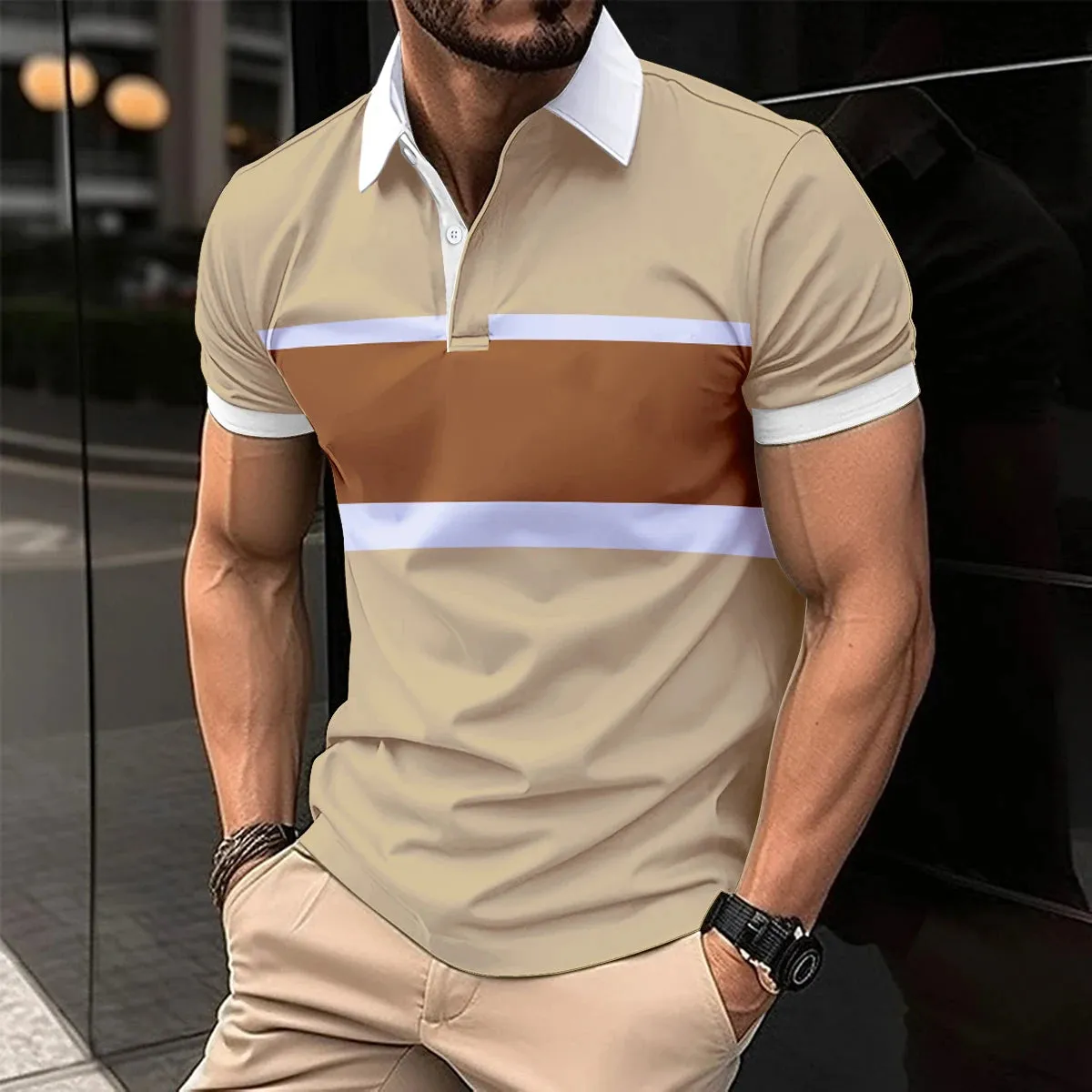 Men's Short Sleeve Polo Shirt with Splice Stripe Printing