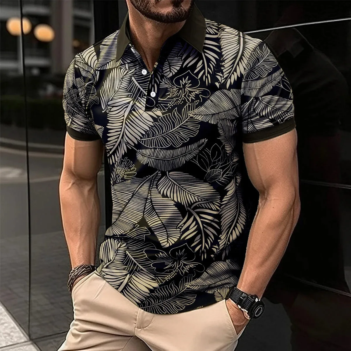 Men's Short Sleeve Polo Shirt with Splice Stripe Printing