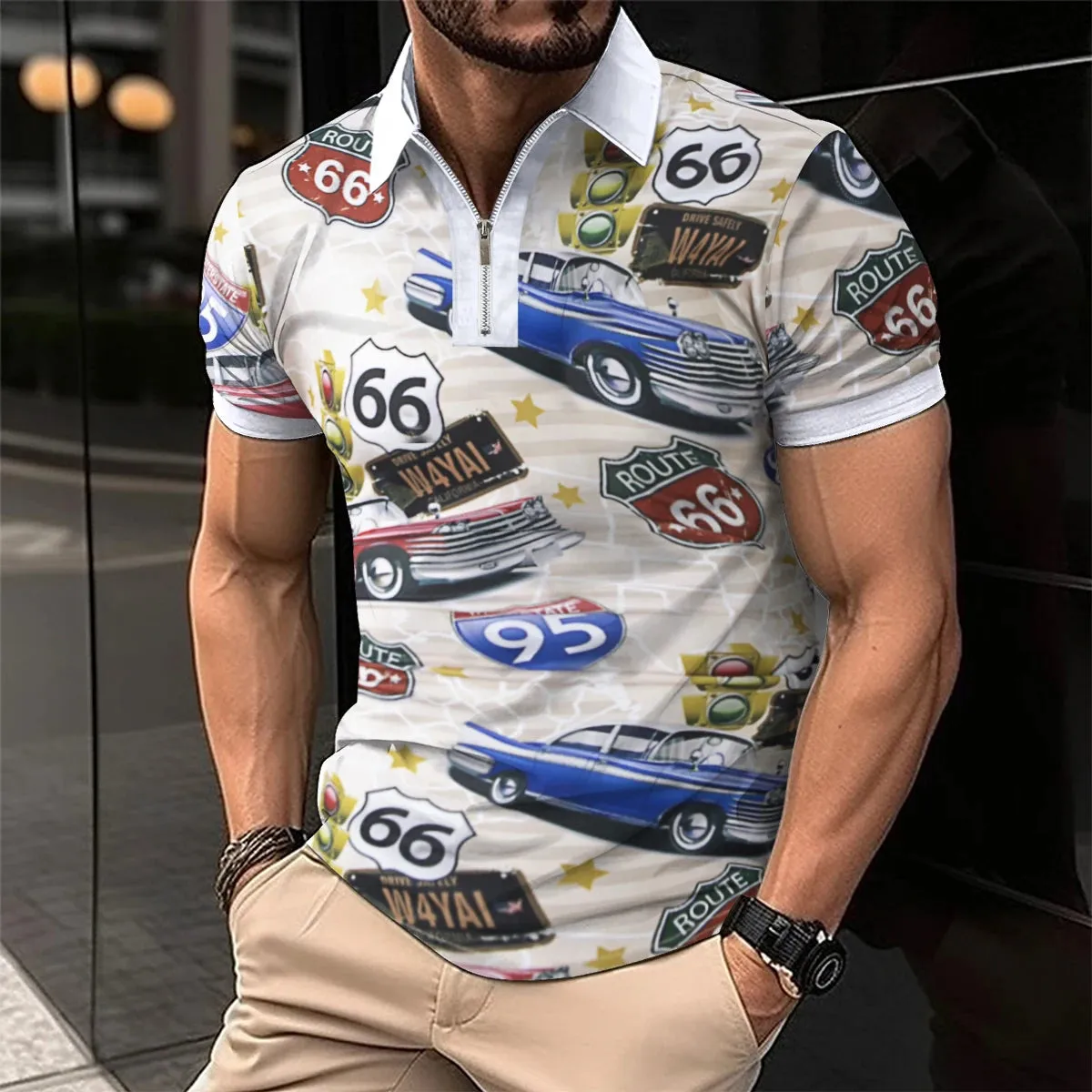Men's Short Sleeve Polo Shirt with Splice Stripe Printing