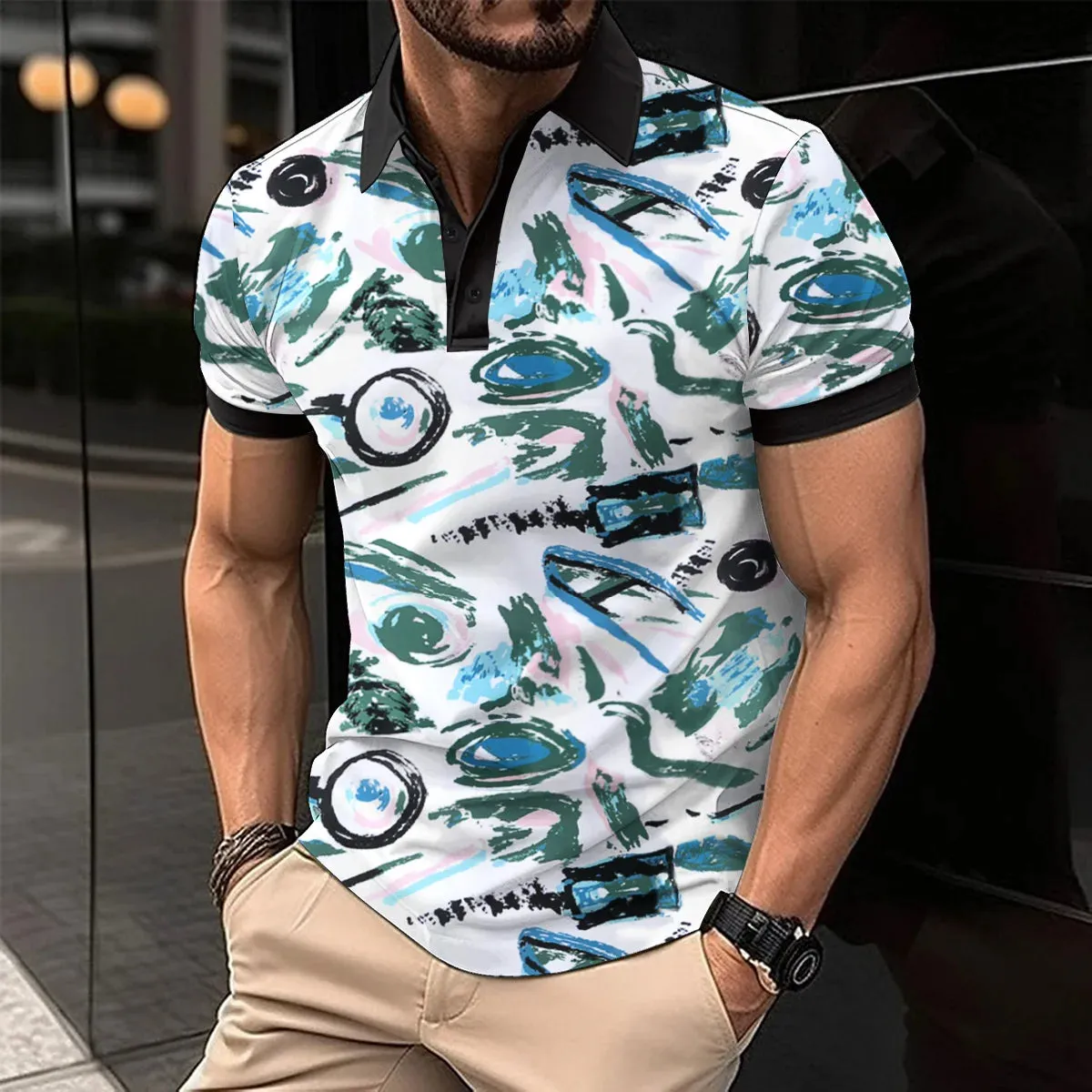 Men's Short Sleeve Polo Shirt with Splice Stripe Printing