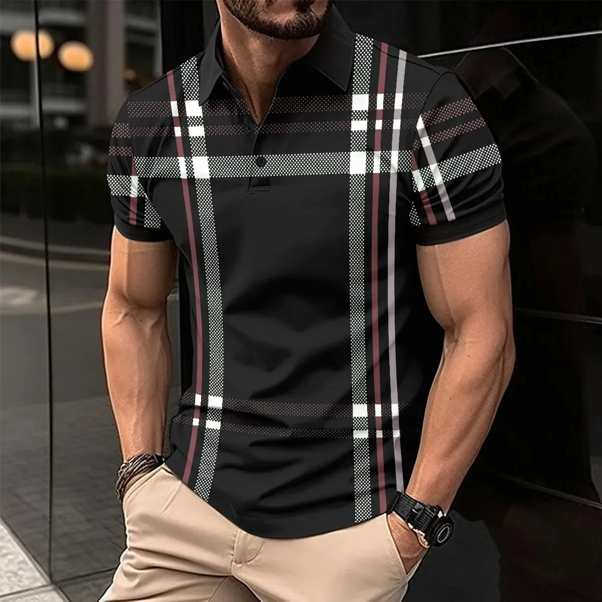 Men's Short Sleeve Polo Shirt with Splice Stripe Printing