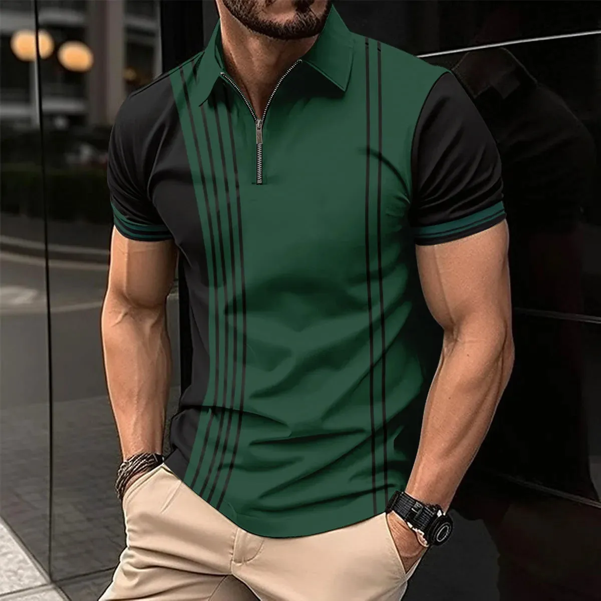 Men's Short Sleeve Polo Shirt with Splice Stripe Printing