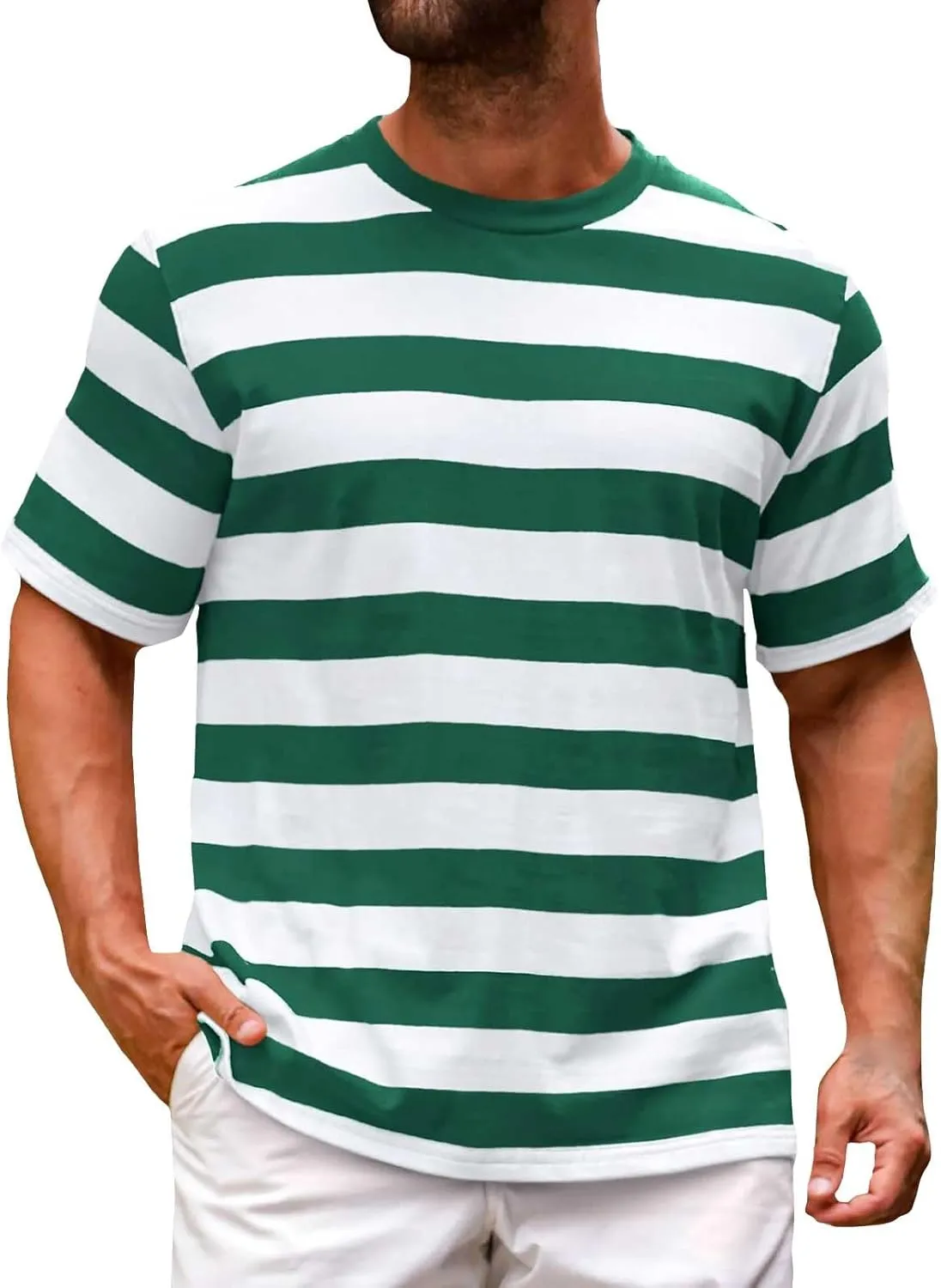 Men's Short Sleeve T-Shirts Trendy Striped Color Block Crew Neck Summer Casual Tops Regular Fit Base Layer Cotton Tees