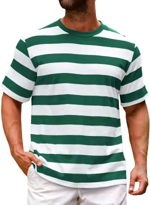 Men's Short Sleeve T-Shirts Trendy Striped Color Block Crew Neck Summer Casual Tops Regular Fit Base Layer Cotton Tees