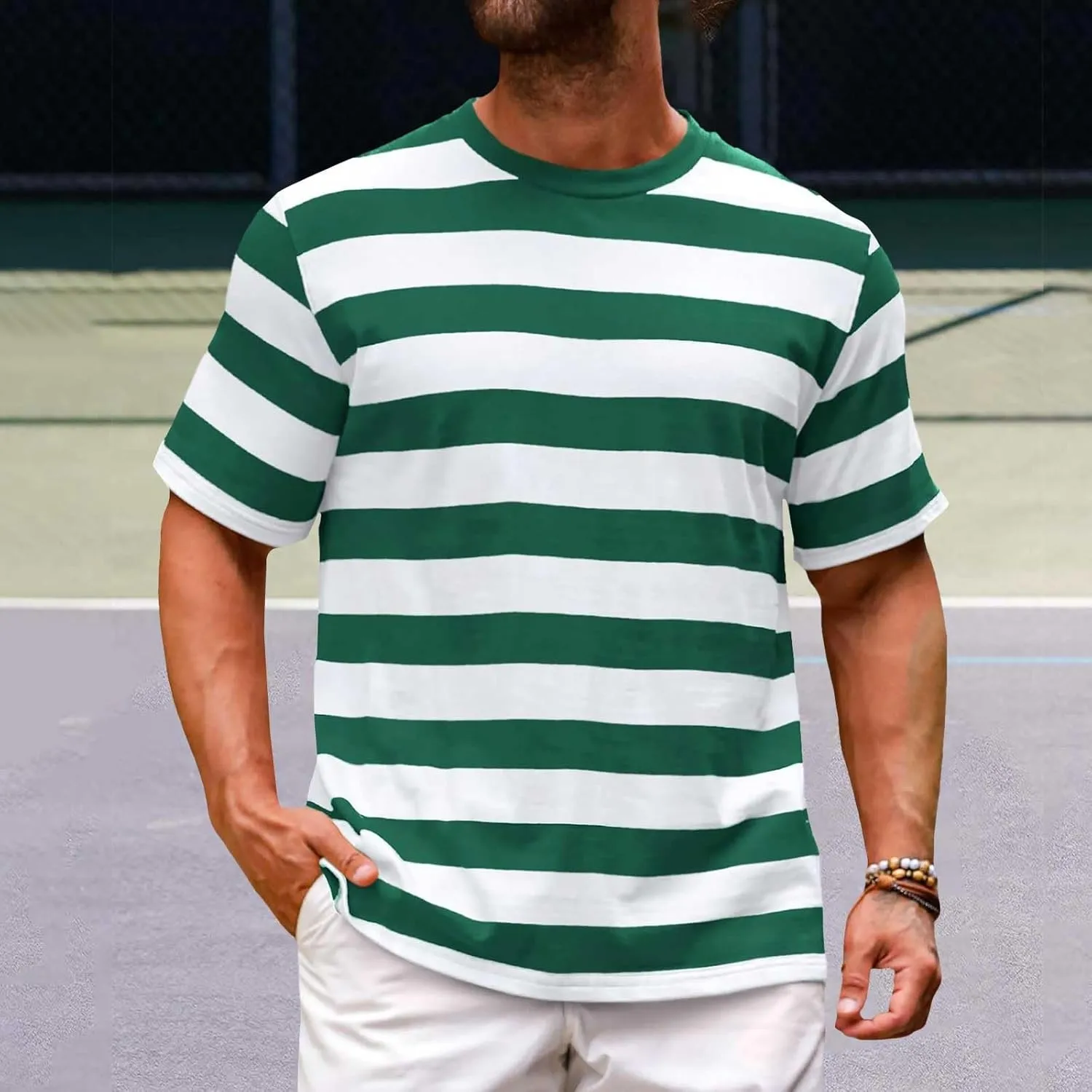 Men's Short Sleeve T-Shirts Trendy Striped Color Block Crew Neck Summer Casual Tops Regular Fit Base Layer Cotton Tees