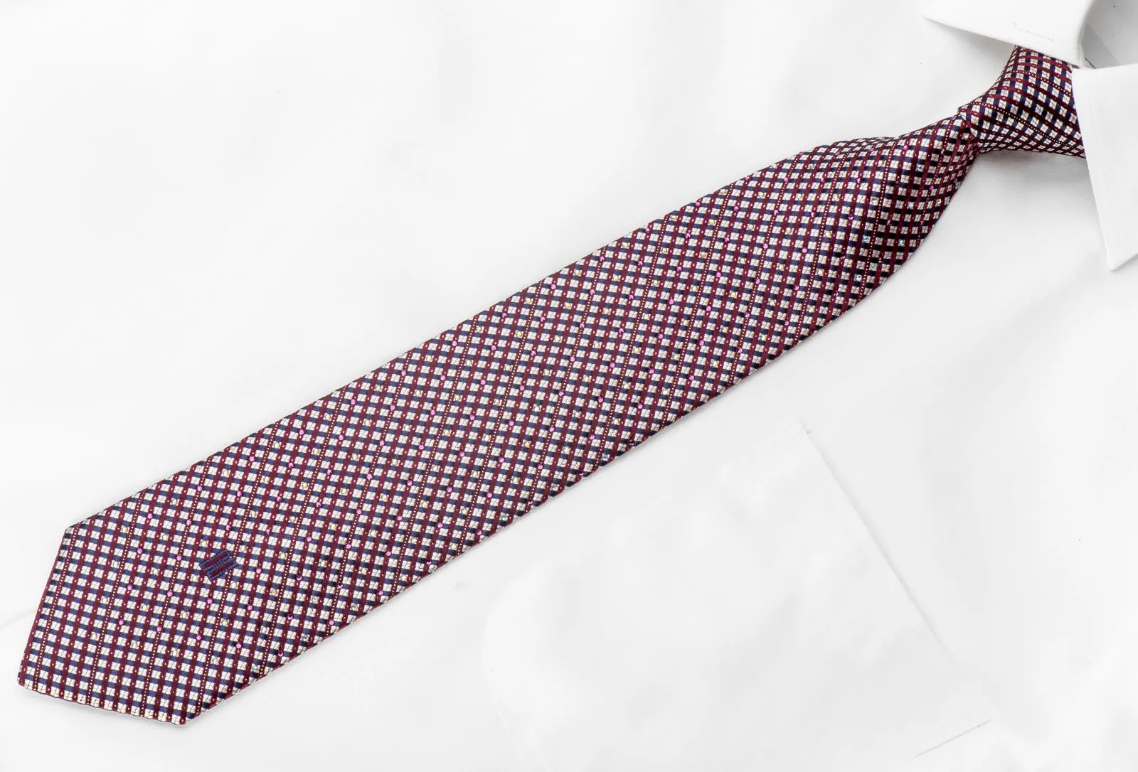 Men's Silk Crystal Rhinestone Necktie Burgundy Blue Silver Striped Checker With Sparkles