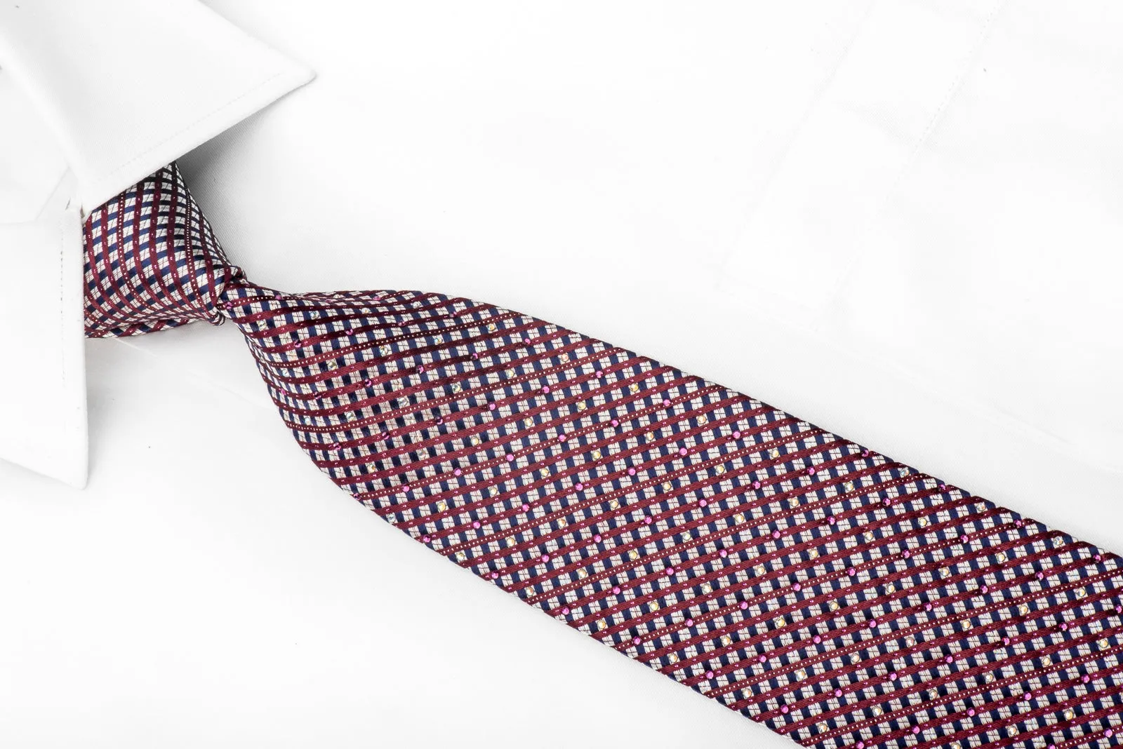 Men's Silk Crystal Rhinestone Necktie Burgundy Blue Silver Striped Checker With Sparkles