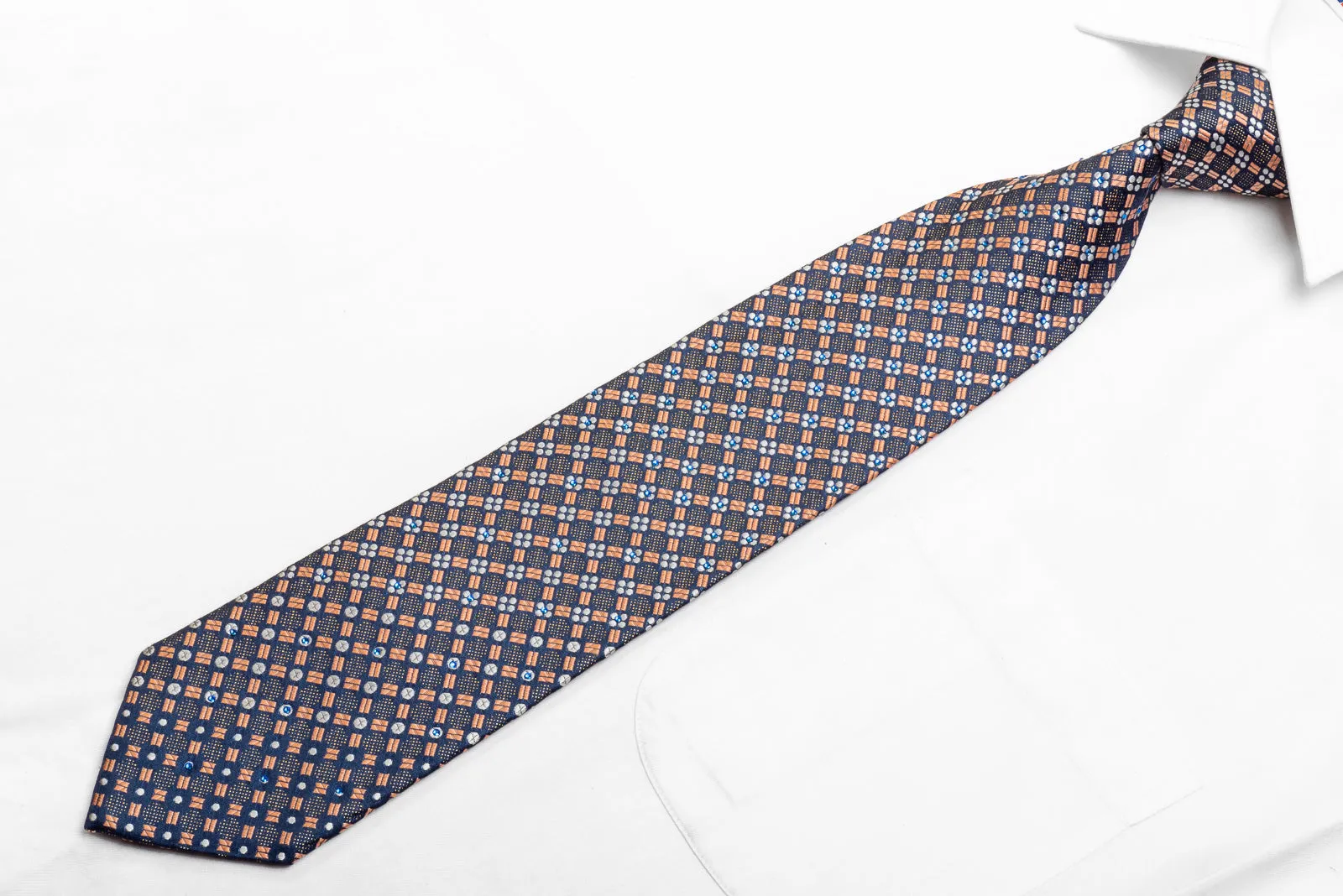 Men's Silk Crystal Rhinestone Tie Orange Geometric On Navy With Gold Sparkles
