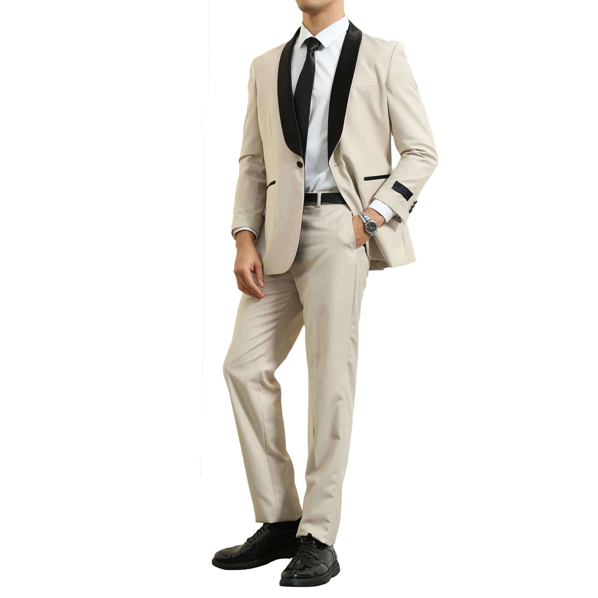Men's Slim-Fit Beige Tuxedo with Black Satin Shawl Lapel