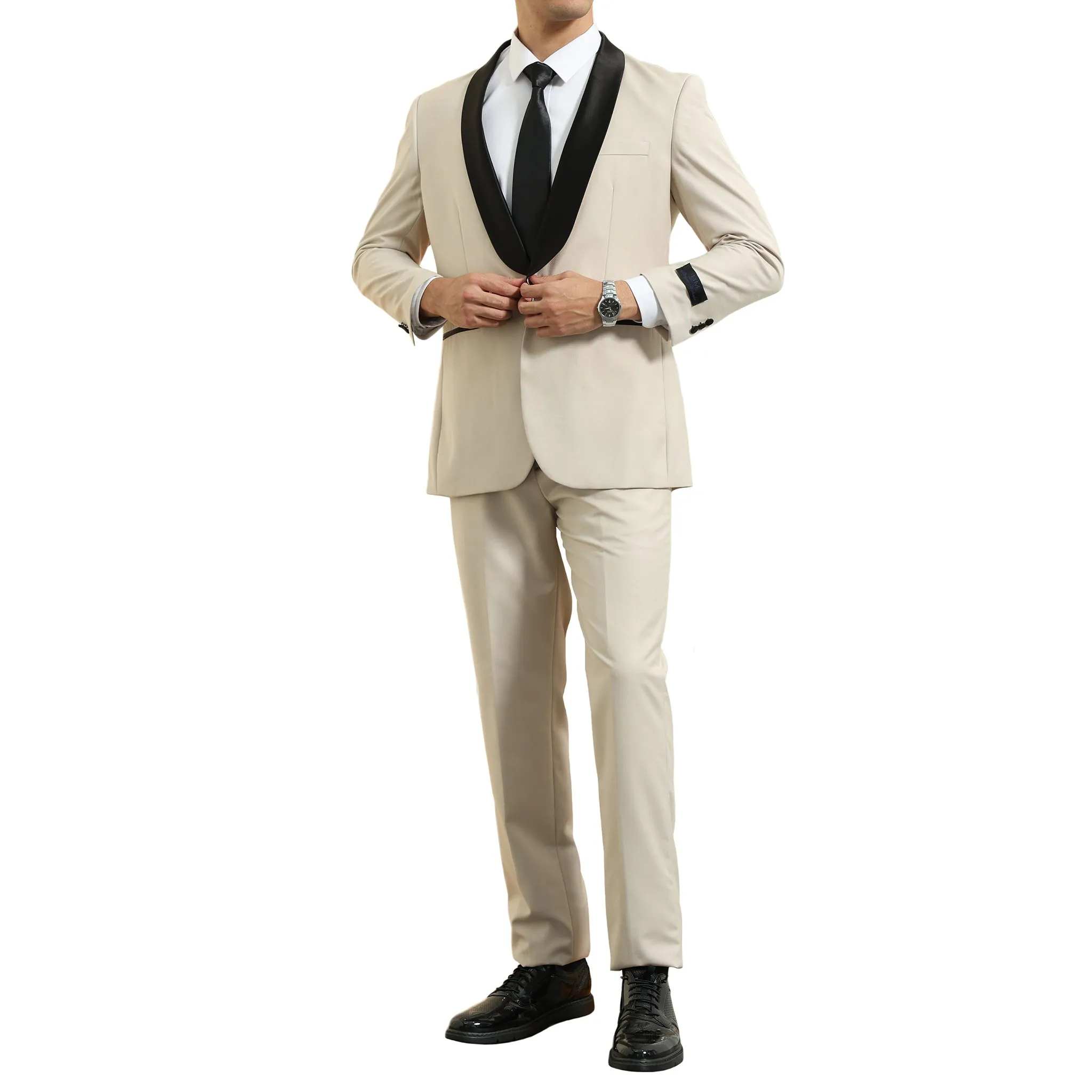 Men's Slim-Fit Beige Tuxedo with Black Satin Shawl Lapel