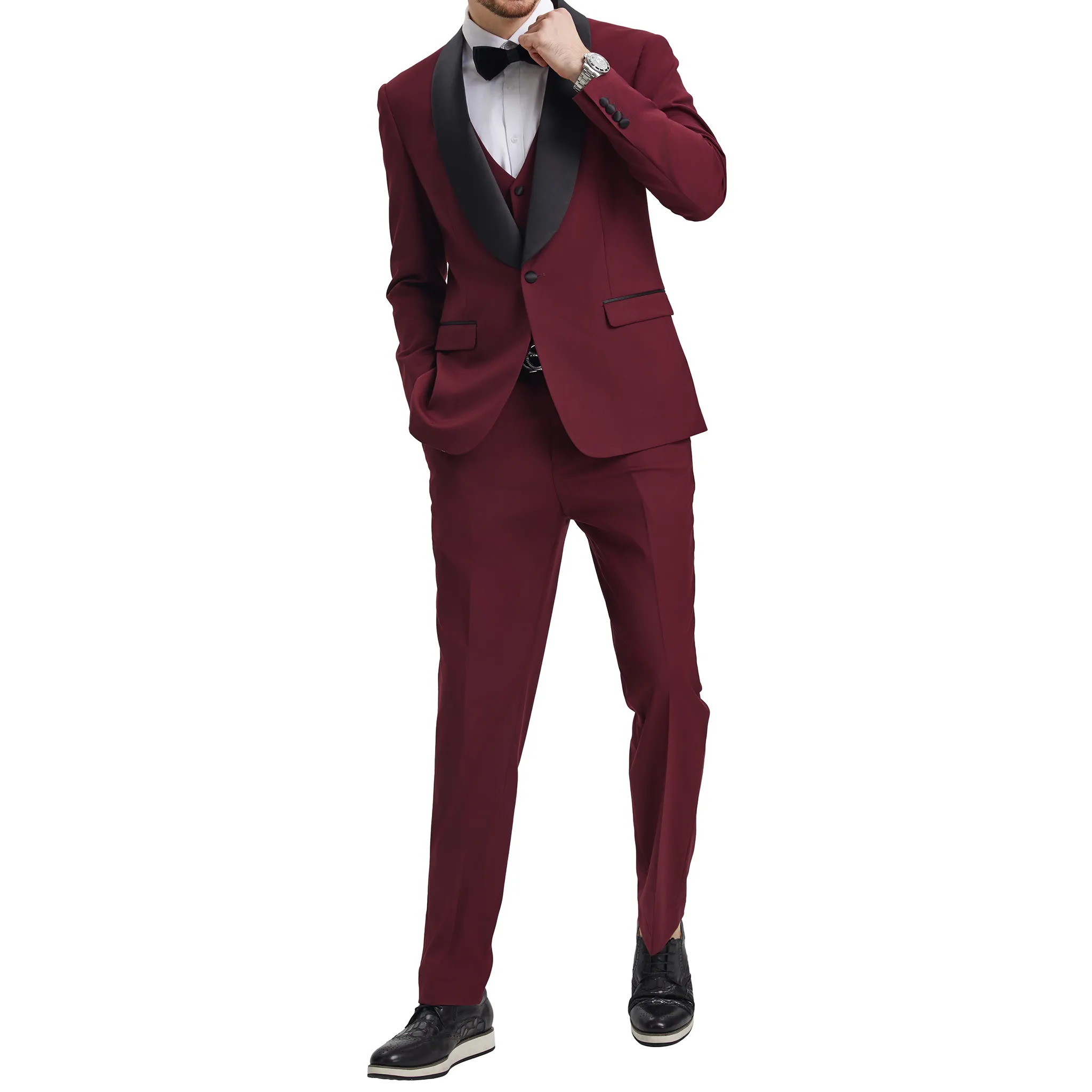 Men's Slim-Fit Burgundy Three-Piece Suit