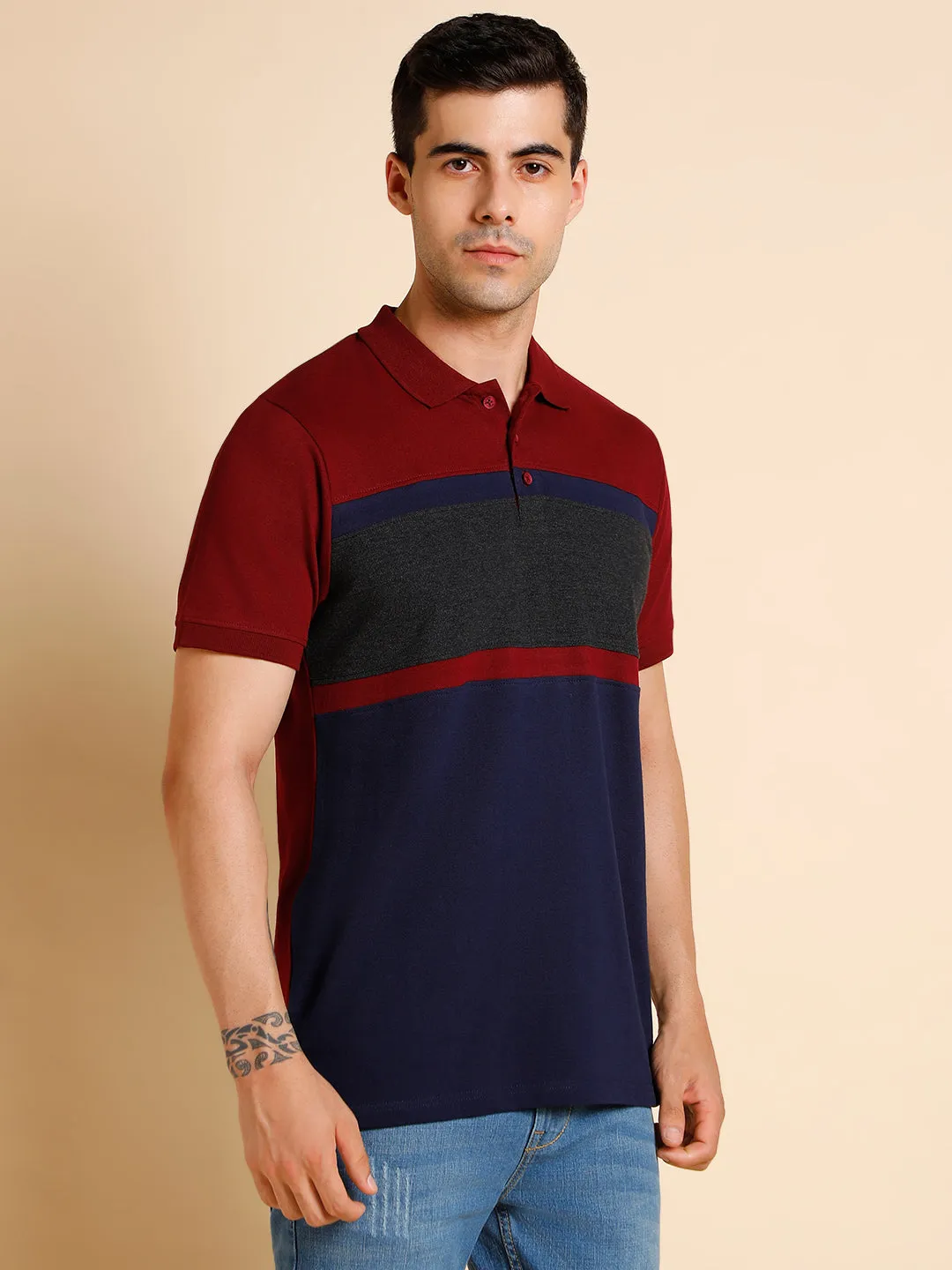 Men's Slim Fit  Colorblocked Maroon Polo T-Shirt