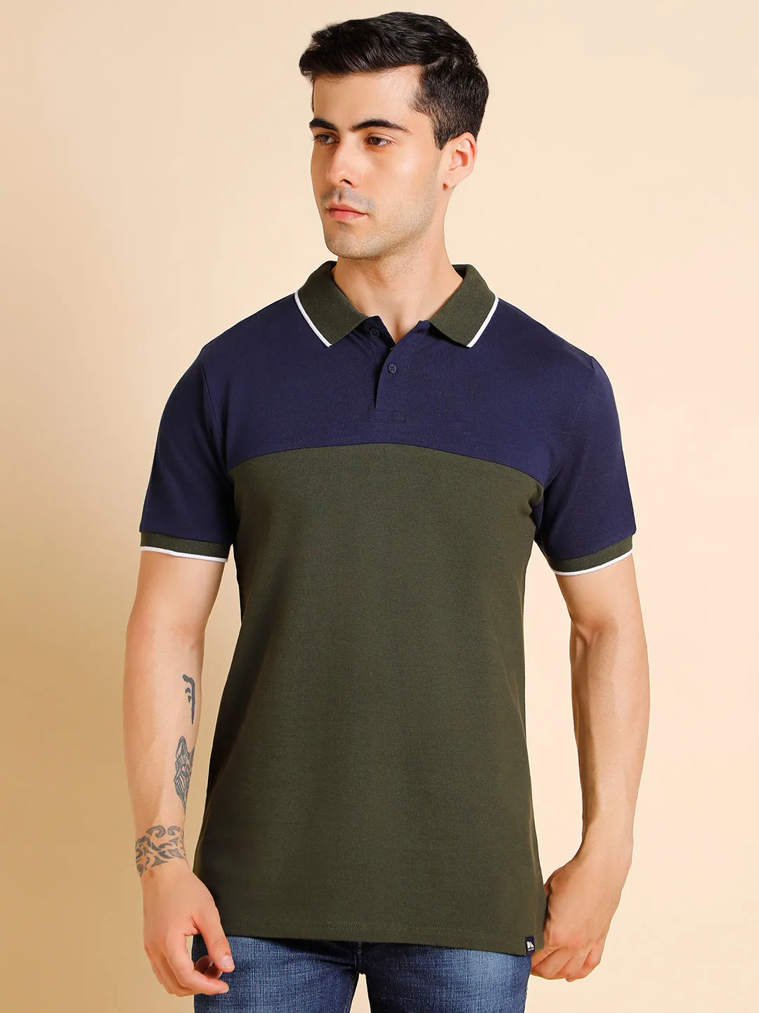 Men's Slim Fit  Colorblocked Olive Polo T-Shirt