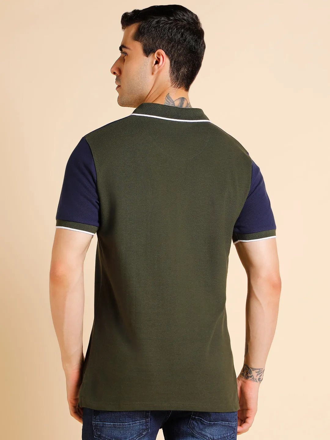 Men's Slim Fit  Colorblocked Olive Polo T-Shirt