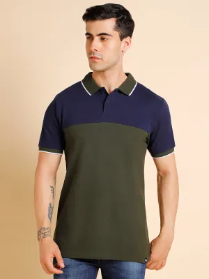 Men's Slim Fit  Colorblocked Olive Polo T-Shirt