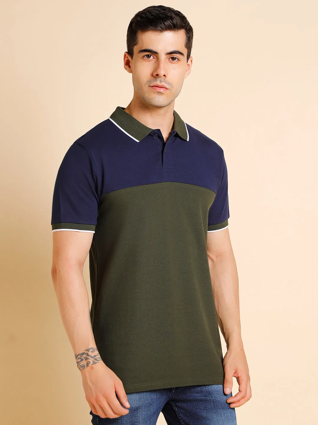 Men's Slim Fit  Colorblocked Olive Polo T-Shirt