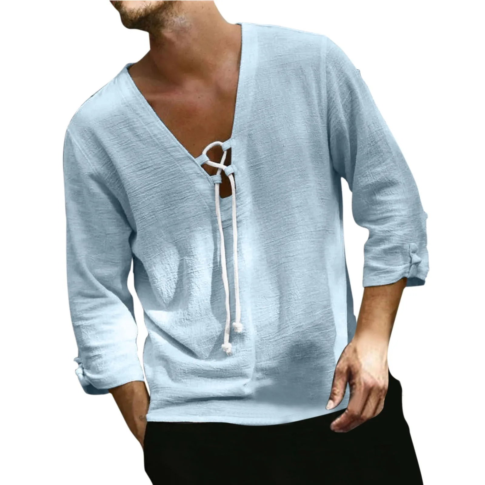 Men's Solid Color Fashionable Casual Hemp Drawstring Shirt - GlamzLife