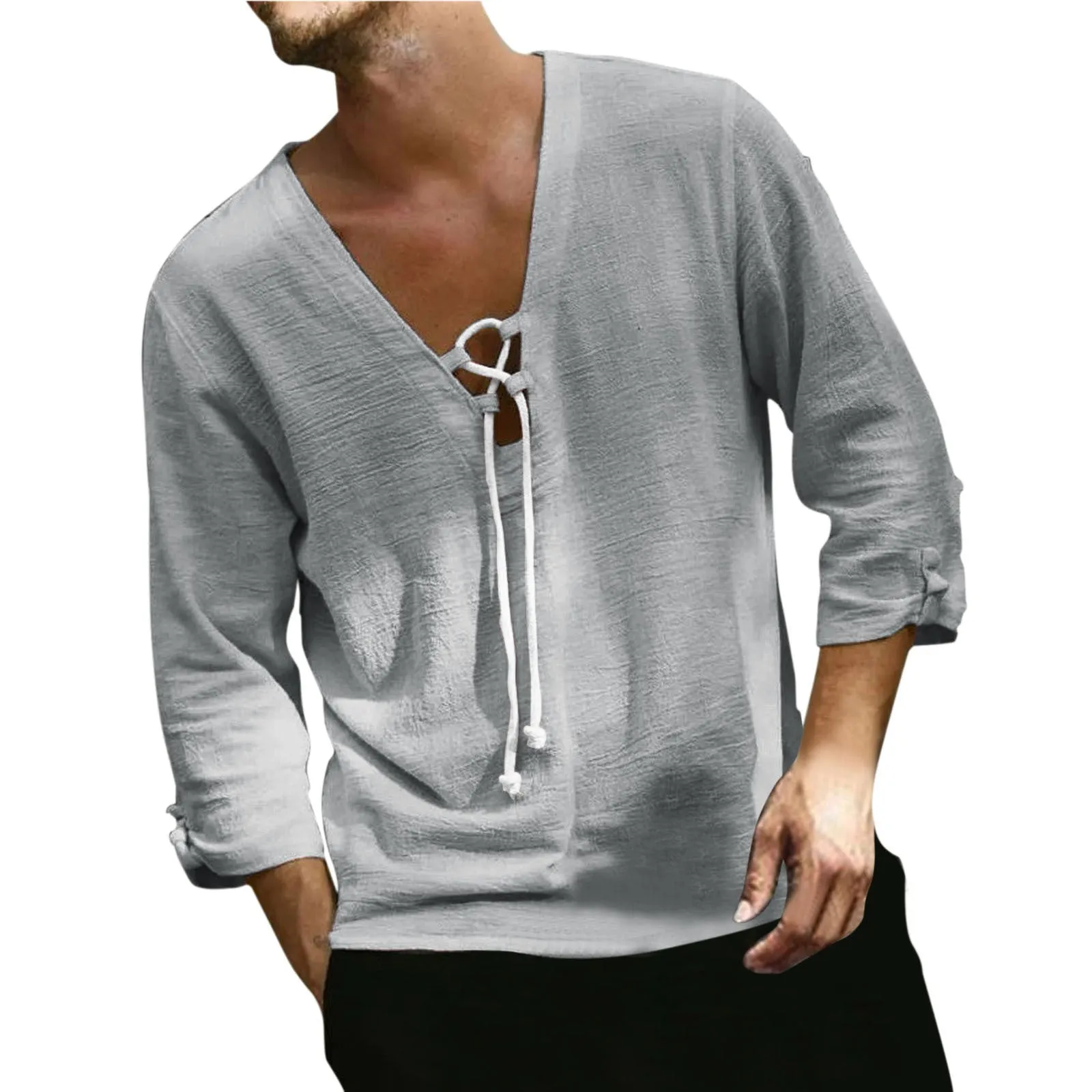 Men's Solid Color Fashionable Casual Hemp Drawstring Shirt - GlamzLife