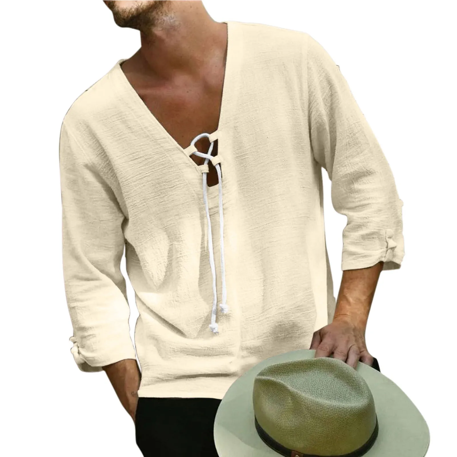 Men's Solid Color Fashionable Casual Hemp Drawstring Shirt - GlamzLife