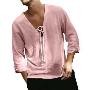 Men's Solid Color Fashionable Casual Hemp Drawstring Shirt - GlamzLife