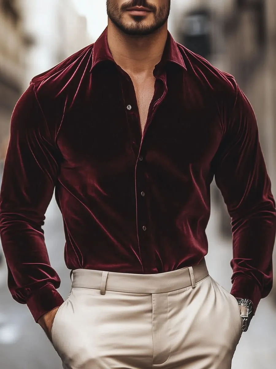 Men's Solid Color Velvet Long Sleeve Shirt