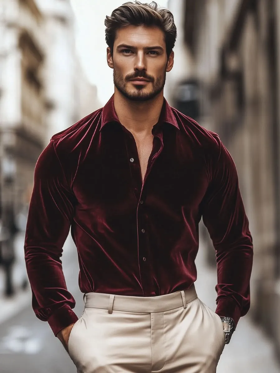 Men's Solid Color Velvet Long Sleeve Shirt