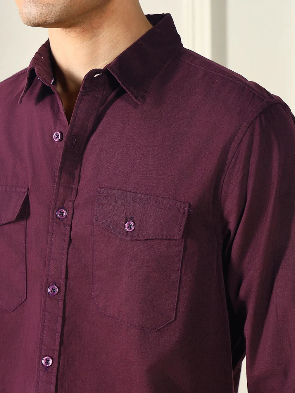 Men's Spread Collar Regular Fit Solid Wine Casual Shirt
