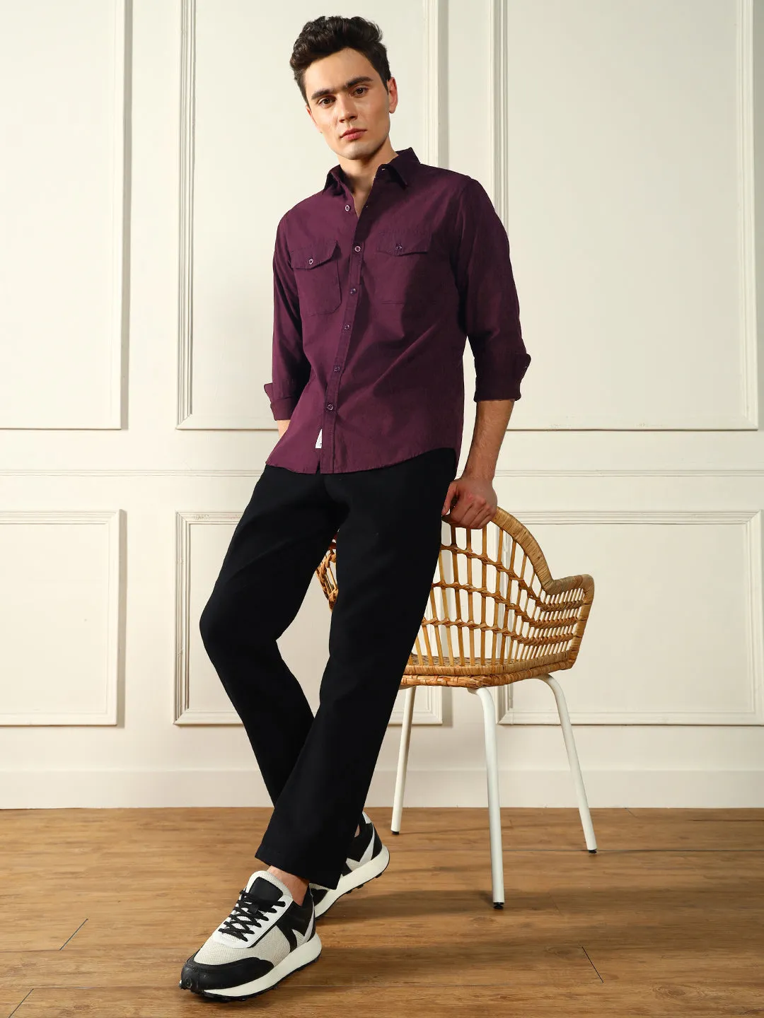 Men's Spread Collar Regular Fit Solid Wine Casual Shirt