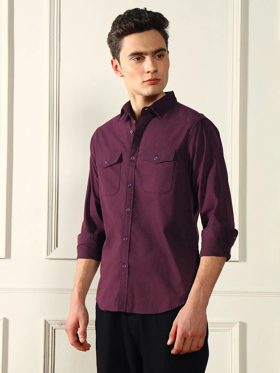 Men's Spread Collar Regular Fit Solid Wine Casual Shirt