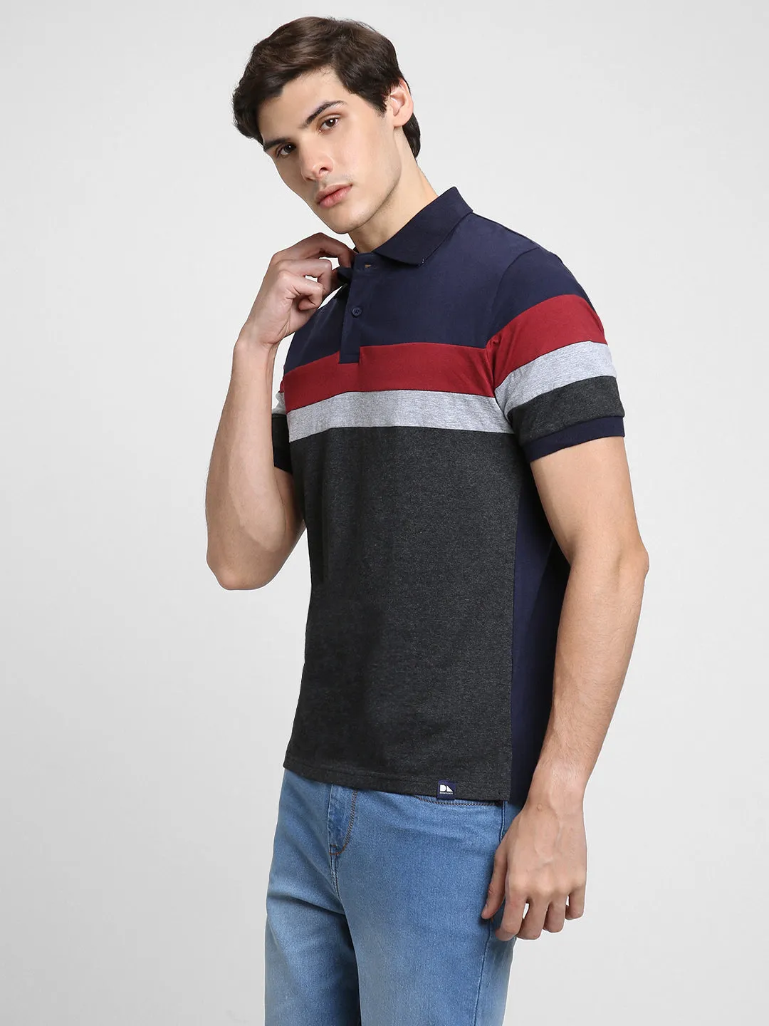 Men's Spread Collar Regular Fit Y/D Stripes Navy T-shirt