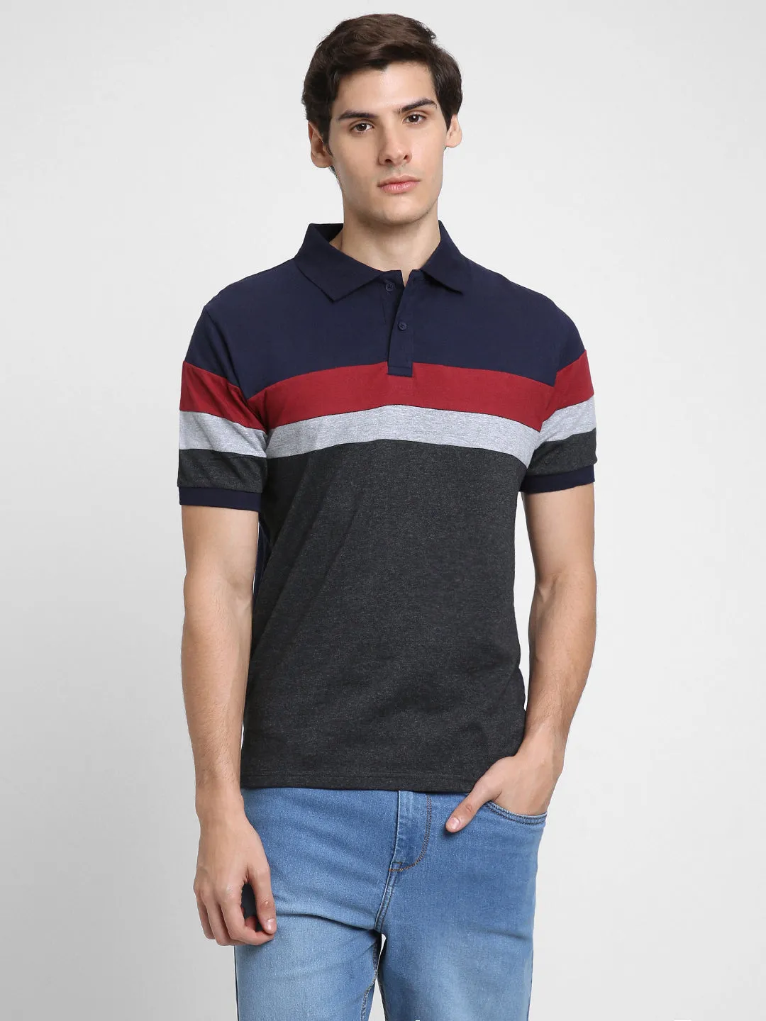 Men's Spread Collar Regular Fit Y/D Stripes Navy T-shirt