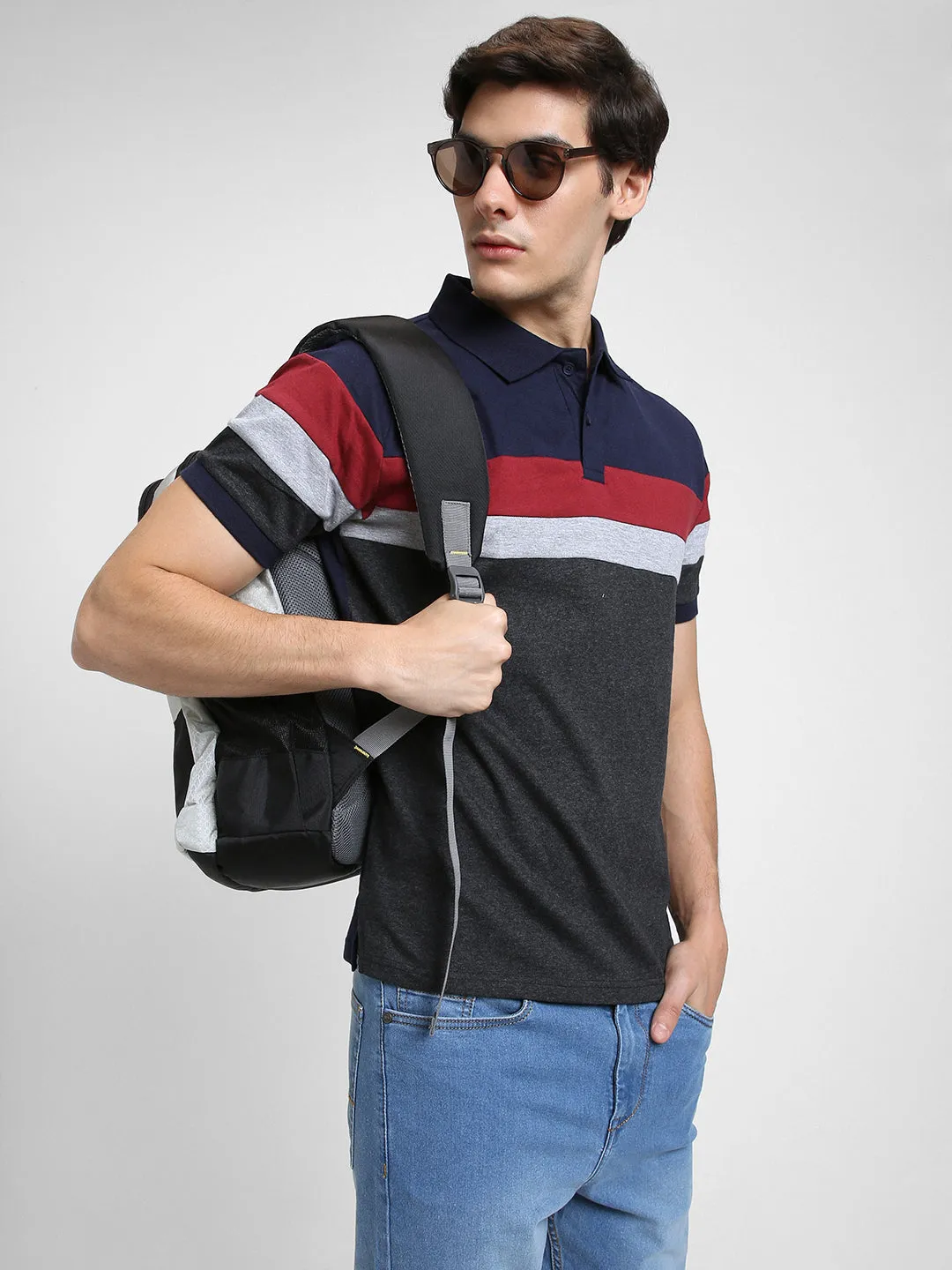 Men's Spread Collar Regular Fit Y/D Stripes Navy T-shirt