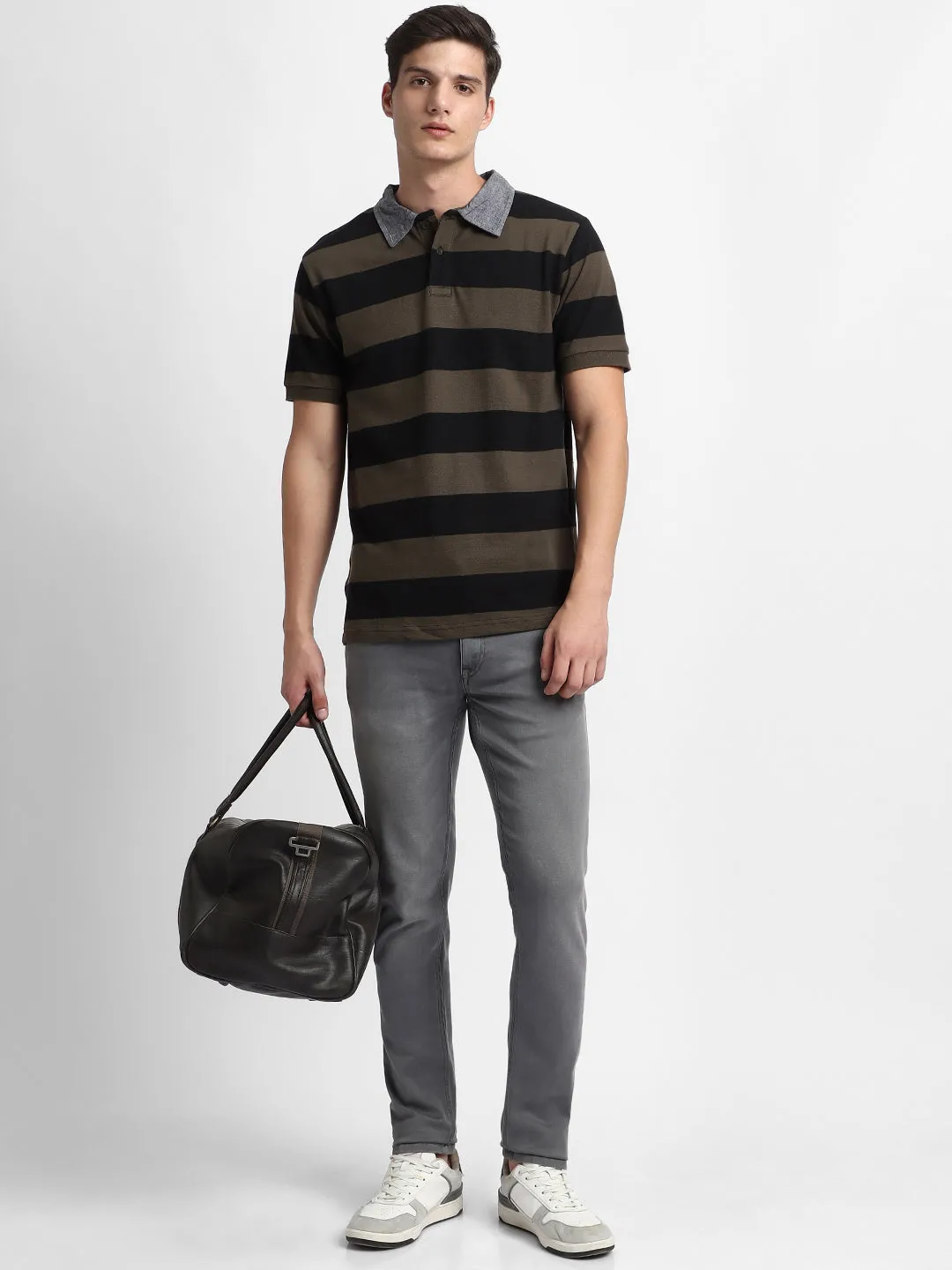 Men's Spread Collar Regular Fit Y/D Stripes Olive Polo T-Shirt