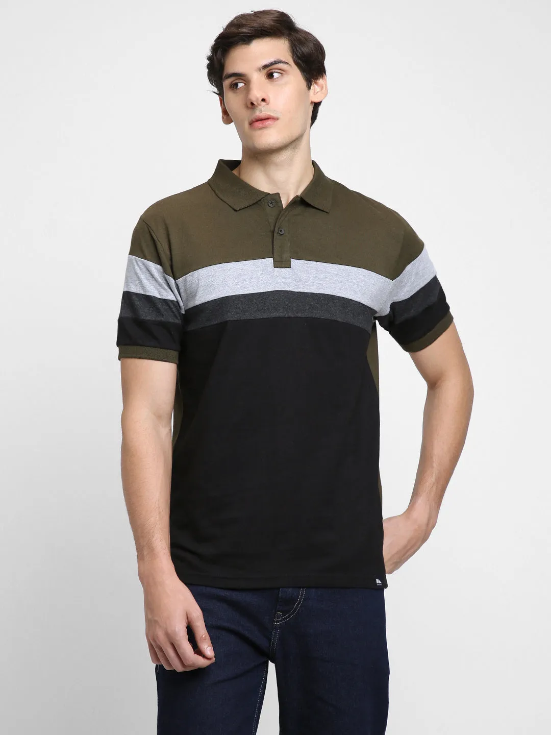 Men's Spread Collar Regular Fit Y/D Stripes Olive T-shirt