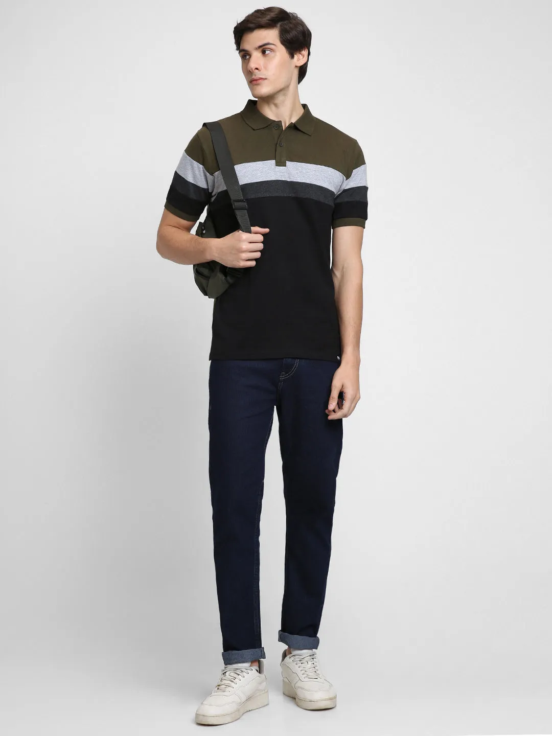 Men's Spread Collar Regular Fit Y/D Stripes Olive T-shirt
