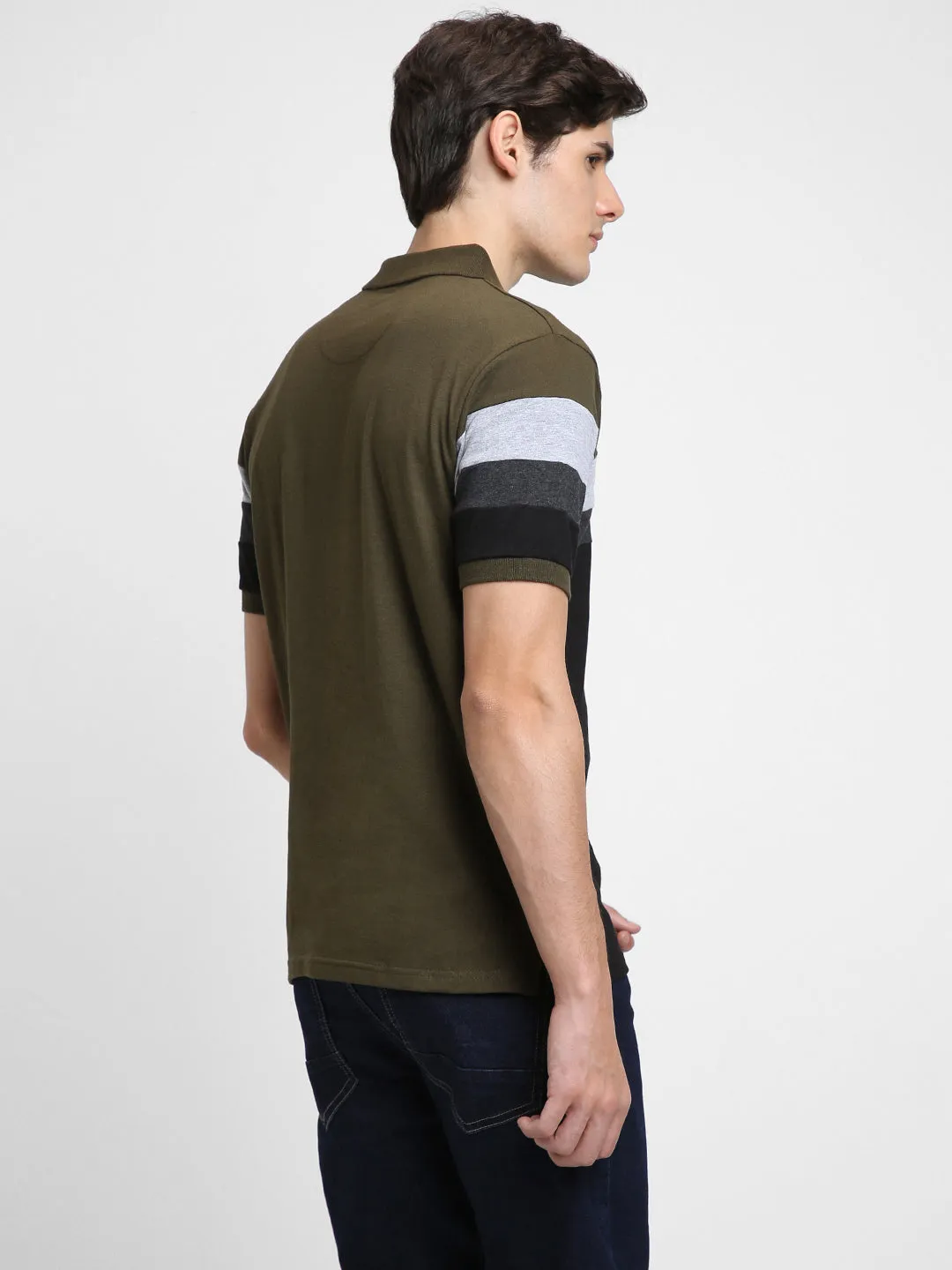 Men's Spread Collar Regular Fit Y/D Stripes Olive T-shirt