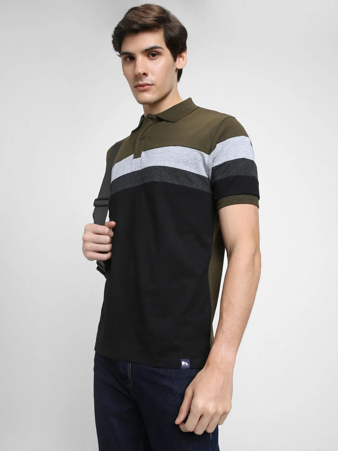 Men's Spread Collar Regular Fit Y/D Stripes Olive T-shirt