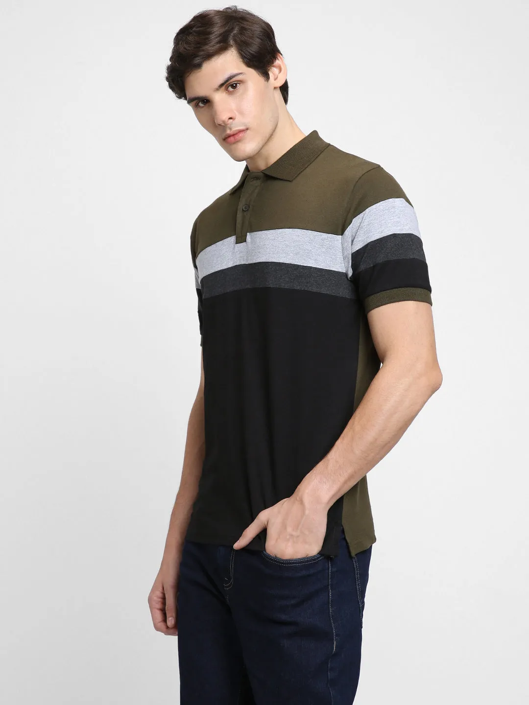 Men's Spread Collar Regular Fit Y/D Stripes Olive T-shirt